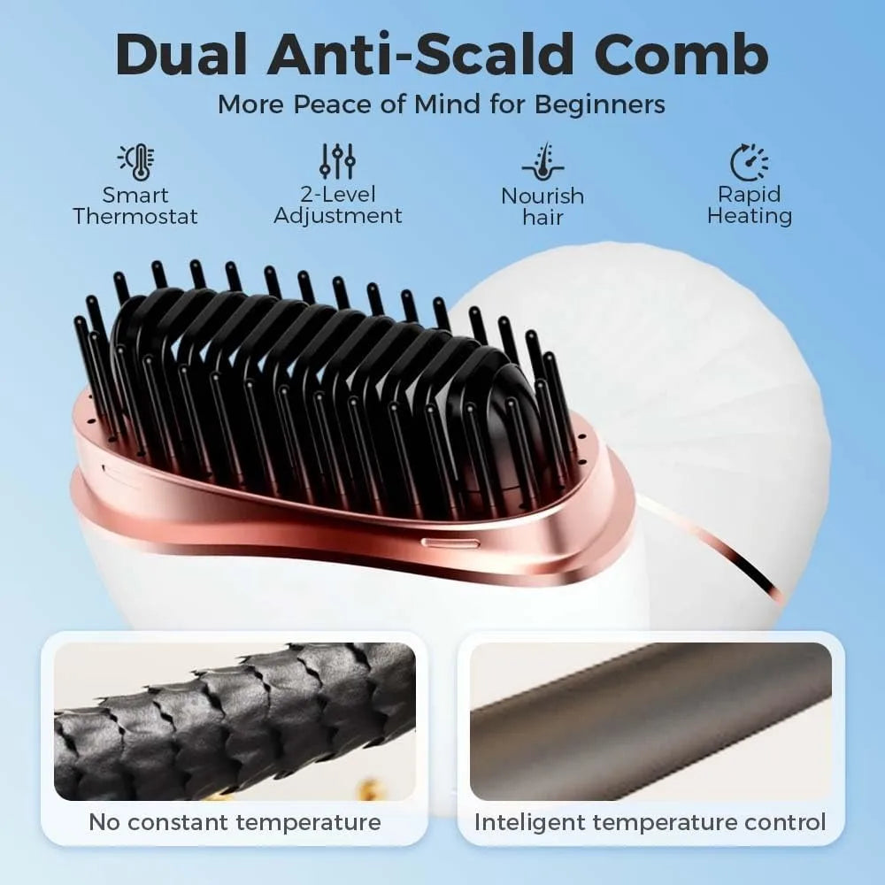 2-in-1 Mini Cordless Hair Straightener Brush | Portable Rechargeable Hot Comb with 3 Temp Control