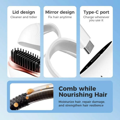 2-in-1 Mini Cordless Hair Straightener Brush | Portable Rechargeable Hot Comb with 3 Temp Control