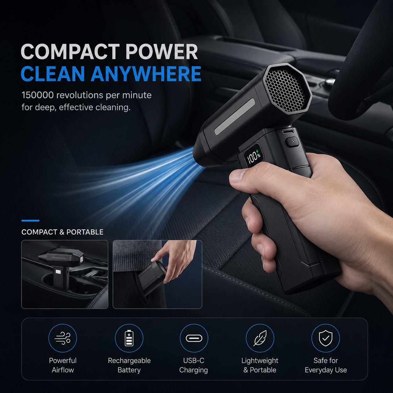 TurboJet™ Cordless Air Duster – High-Power Rechargeable Blower for Car, PC & Home Cleaning