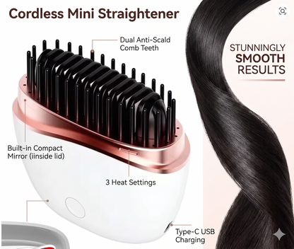 2-in-1 Mini Cordless Hair Straightener Brush | Portable Rechargeable Hot Comb with 3 Temp Control