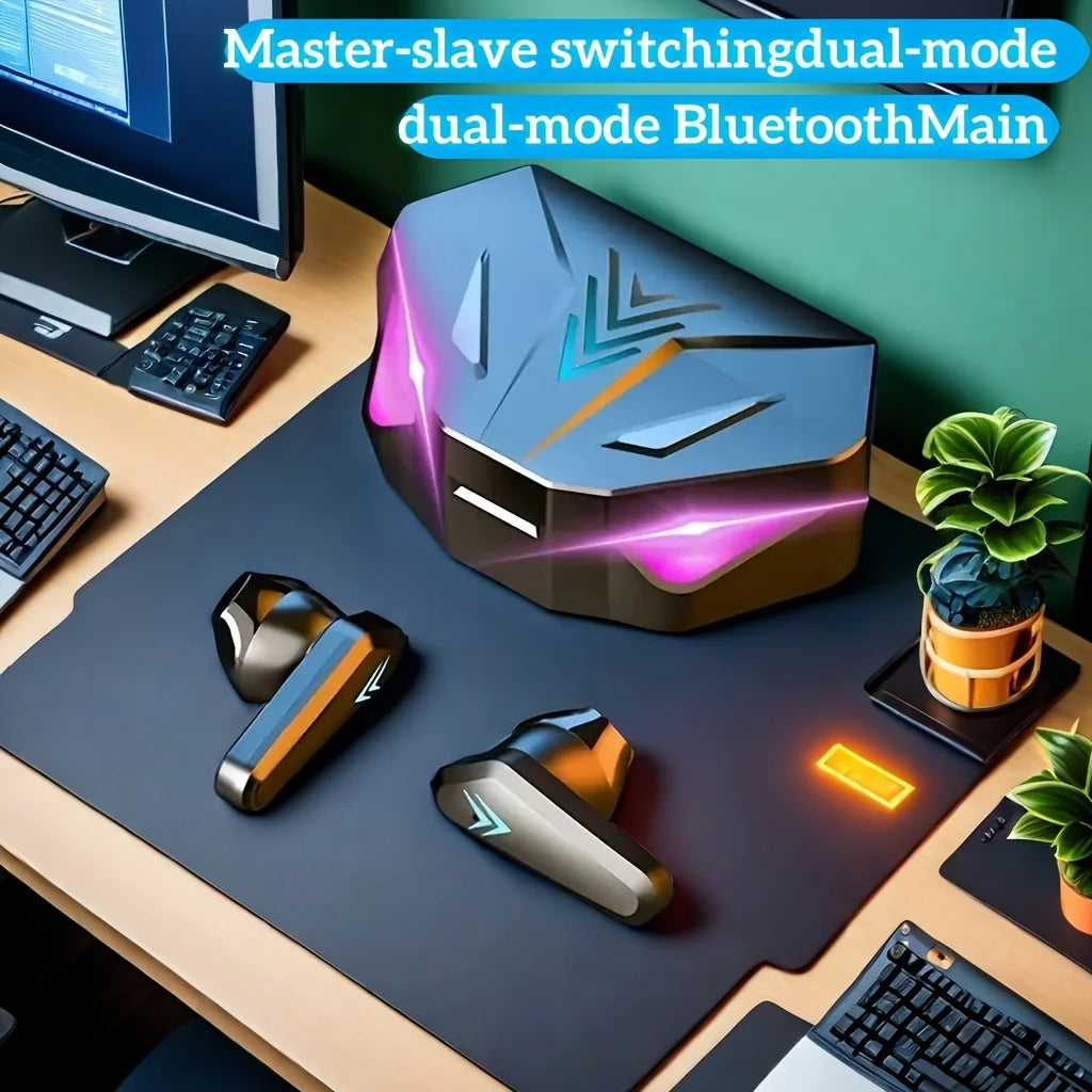 Gaming mouse and accessories on a desk with text about Bluetooth connectivity.