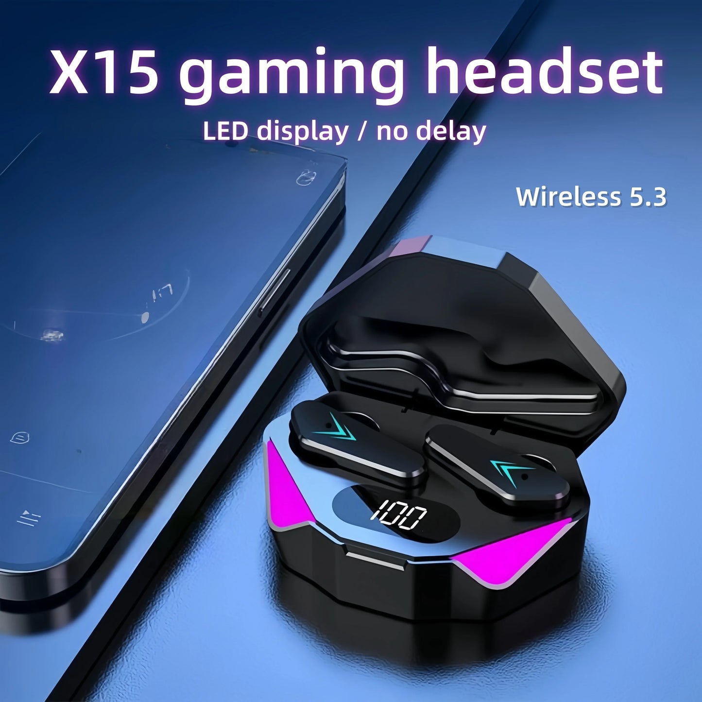 X15 gaming headset with LED display and wireless 5.3 feature, shown with a smartphone on a blue background.