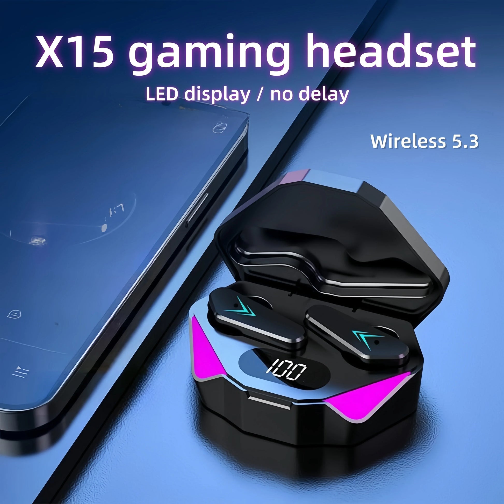 X15 gaming headset with LED display and wireless 5.3 feature, shown with a smartphone on a blue background.