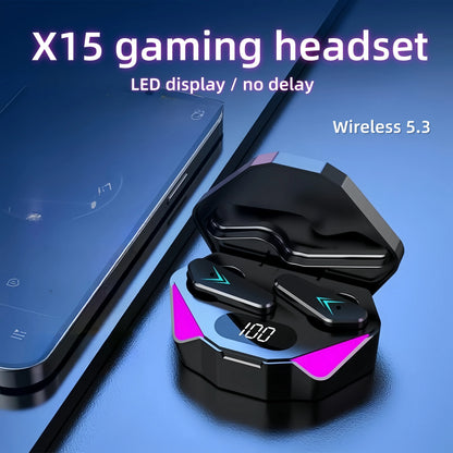 X15 gaming headset with LED display and wireless 5.3 feature, shown with a smartphone on a blue background.