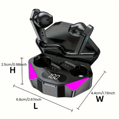 Black wireless earbuds with charging case and measurements on a white background