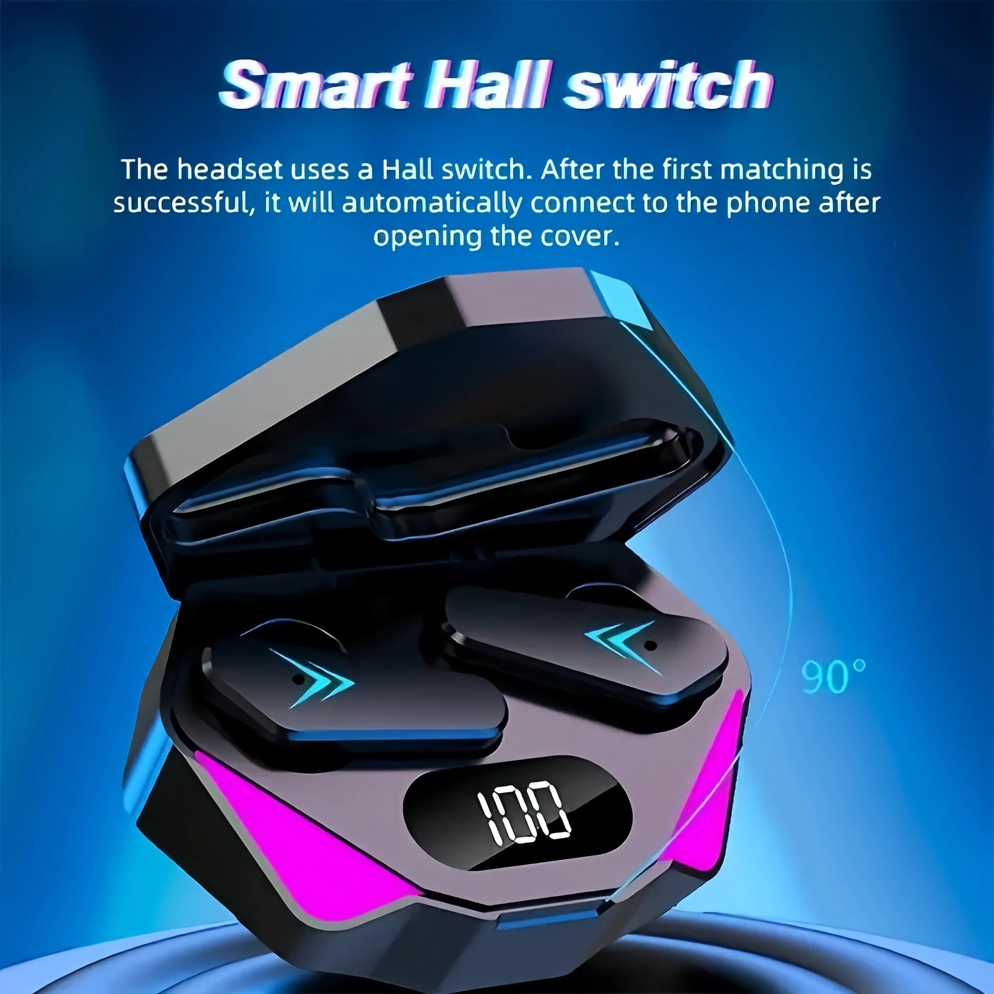 Smart earbud case with digital display on a blue background