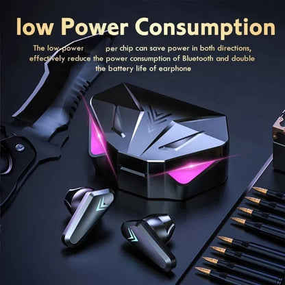 Wireless earbuds with charging case on a dark surface, highlighting low power consumption feature.